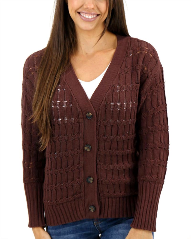 Front of a model wearing a size xlarge Skip Stitch Cabled Button Sweater in Raisin in Raisin by Grace & Lace. | dia_product_style_image_id:327011